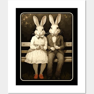 Rabbit Couple On Park Bench Bunny Lovers Posters and Art